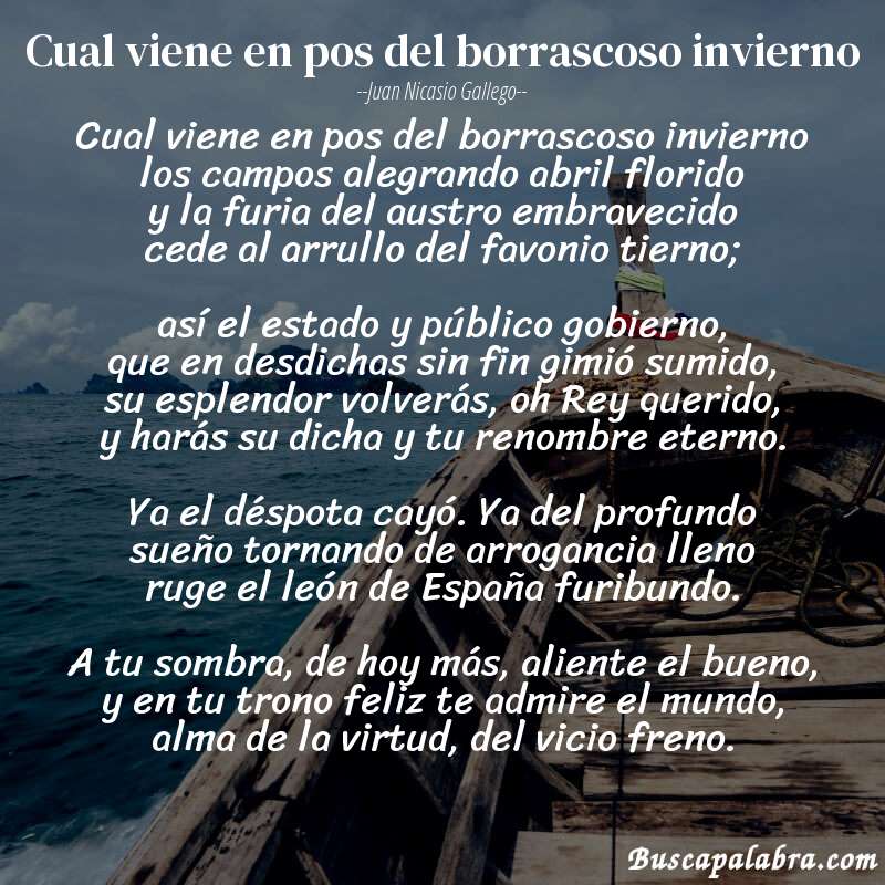 Poema Cual viene en pos del borrascoso invierno de Juan Nicasio Gallego con fondo de barca
