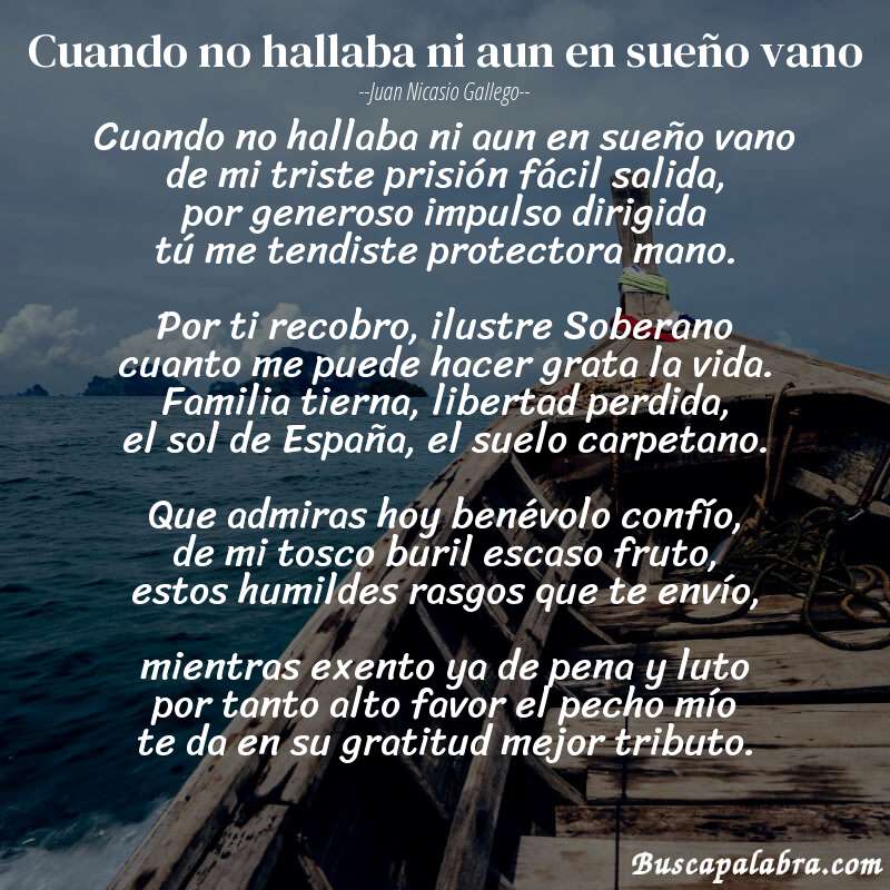 Poema Cuando no hallaba ni aun en sueño vano de Juan Nicasio Gallego con fondo de barca