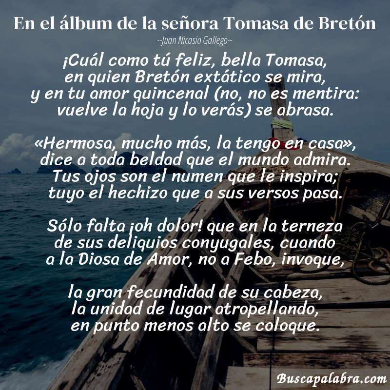 Poema En el álbum de la señora Tomasa de Bretón de Juan Nicasio Gallego con fondo de barca
