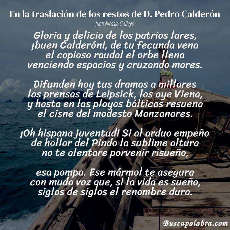 Poema En la traslación de los restos de D. Pedro Calderón de Juan Nicasio Gallego con fondo de barca