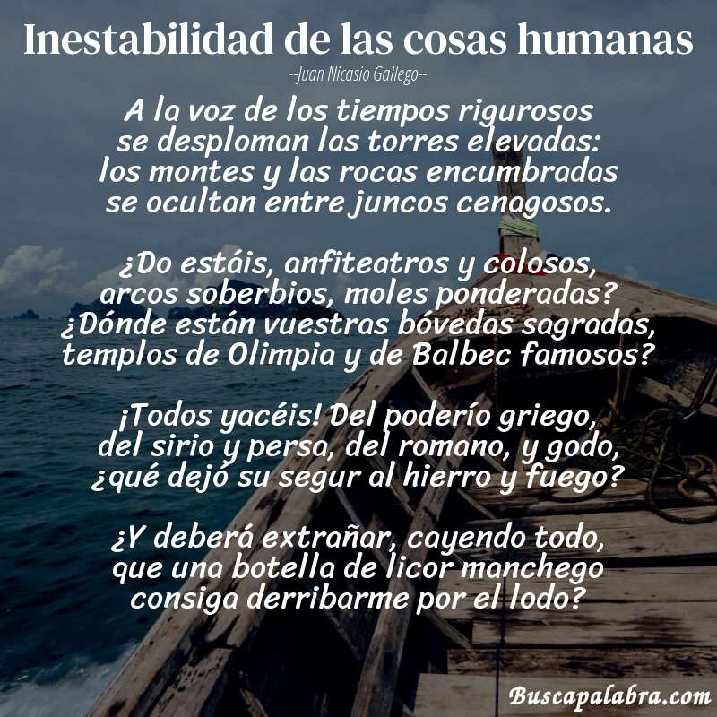 Poema Inestabilidad de las cosas humanas de Juan Nicasio Gallego con fondo de barca