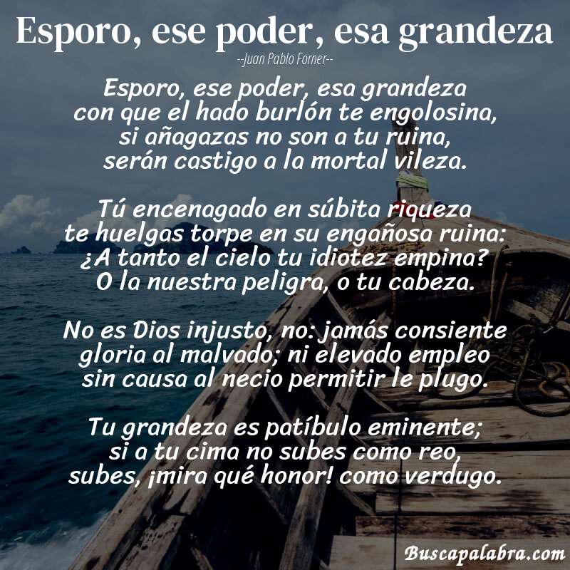 Poema Esporo, ese poder, esa grandeza de Juan Pablo Forner con fondo de barca