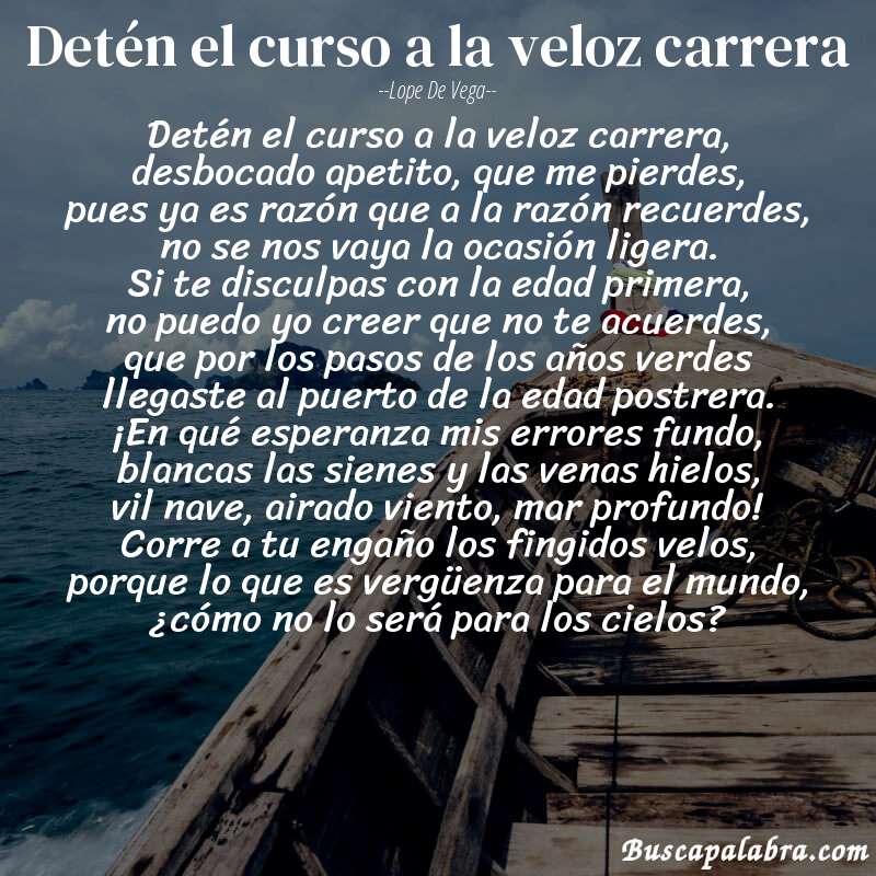 Poema Detén el curso a la veloz carrera de Lope de Vega con fondo de barca