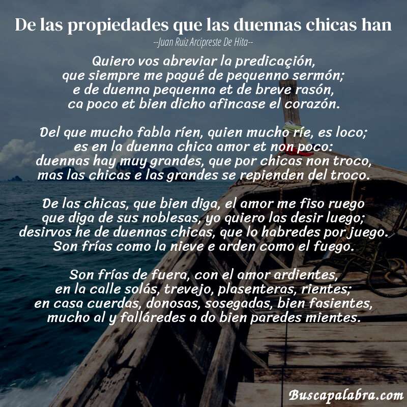 Poema De las propiedades que las duennas chicas han de Juan Ruiz Arcipreste de Hita con fondo de barca
