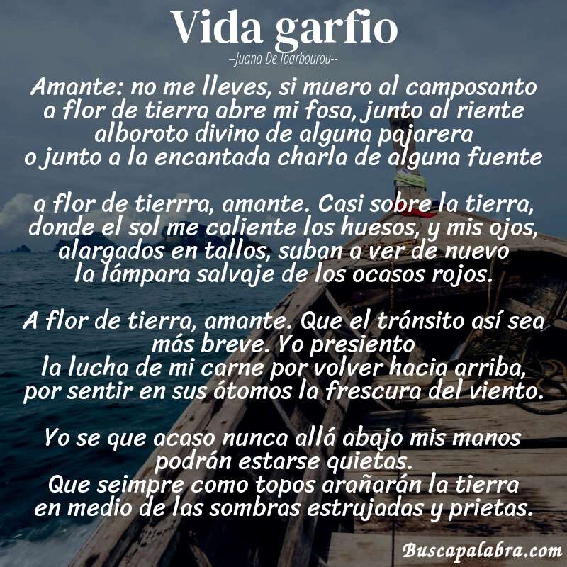 Poema vida garfio de Juana de Ibarbourou con fondo de barca