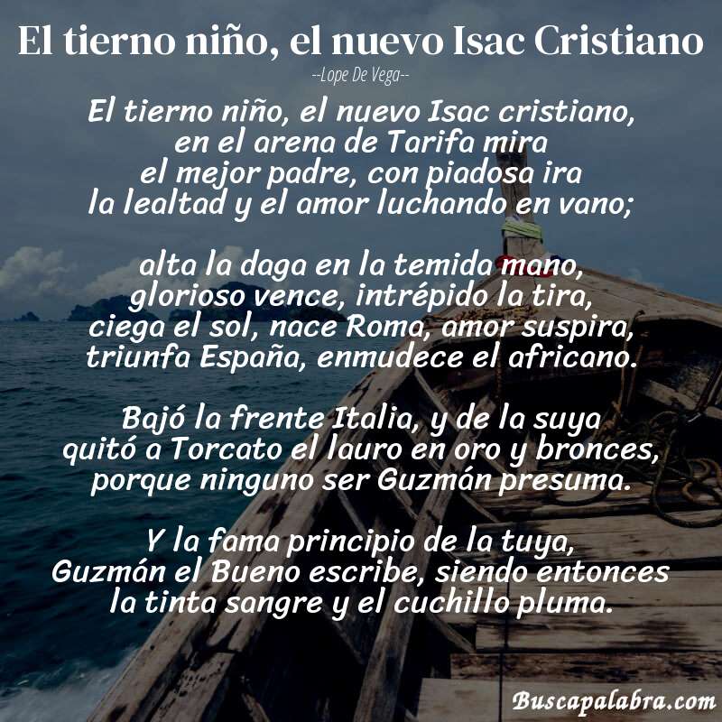 Poema El tierno niño, el nuevo Isac Cristiano de Lope de Vega con fondo de barca