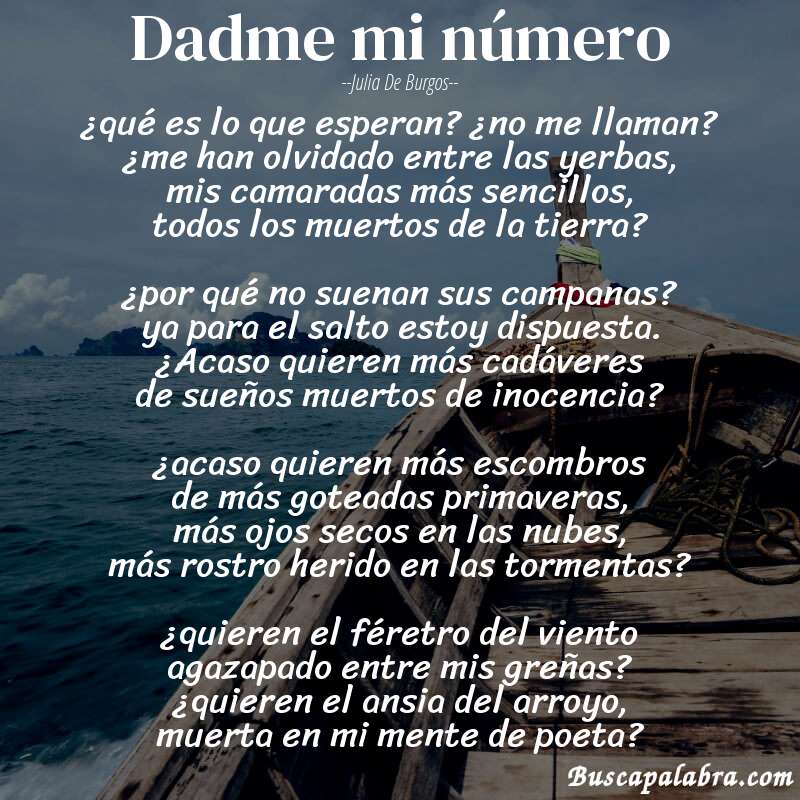 Poema dadme mi número de Julia de Burgos con fondo de barca
