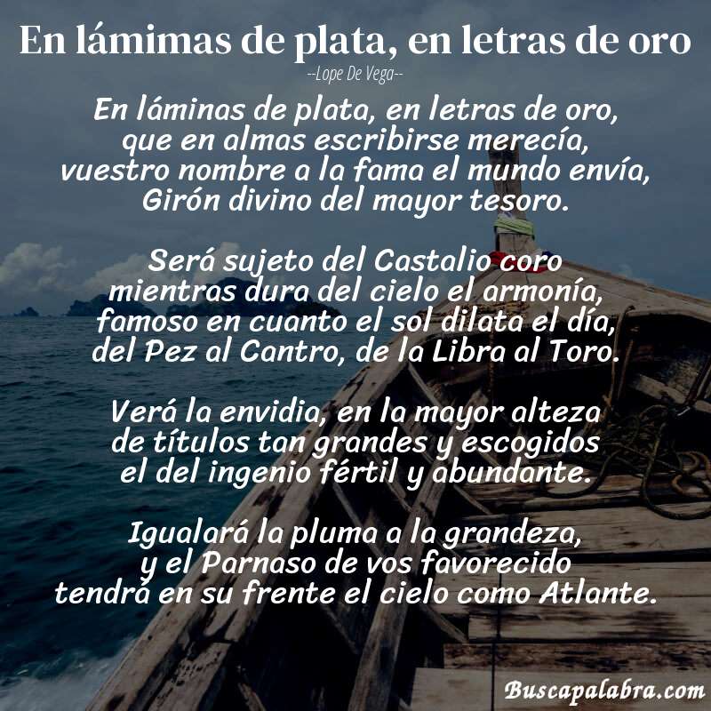 Poema En lámimas de plata, en letras de oro de Lope de Vega con fondo de barca