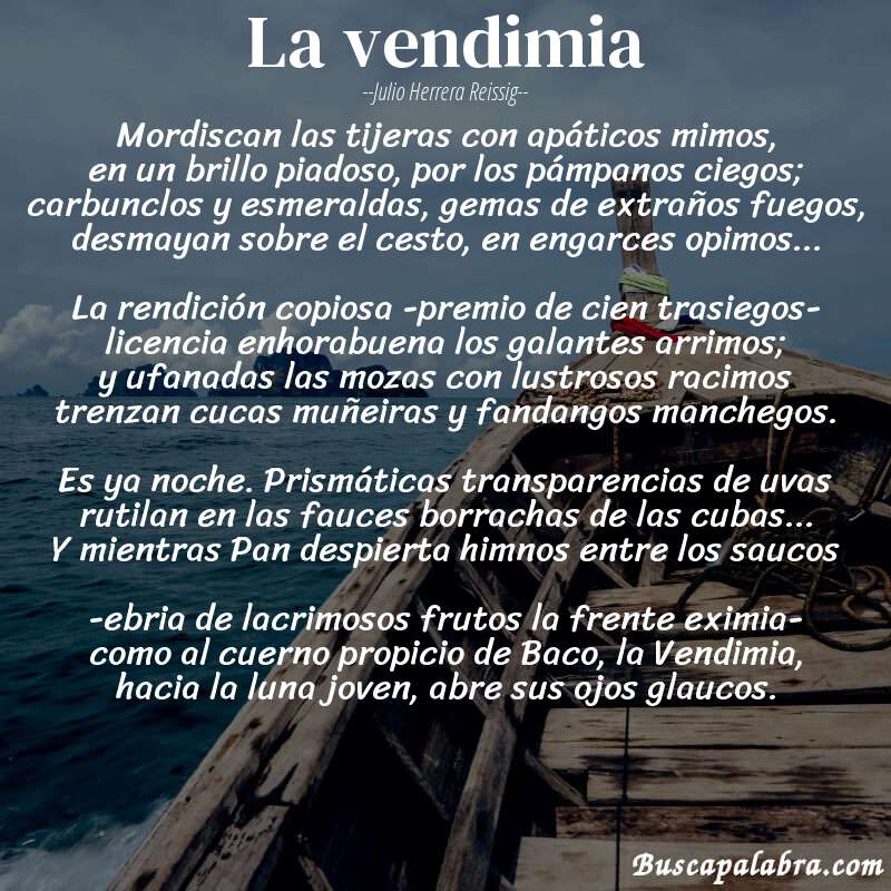Poema La vendimia de Julio Herrera Reissig con fondo de barca