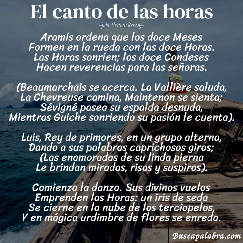 Poema El canto de las horas de Julio Herrera Reissig con fondo de barca