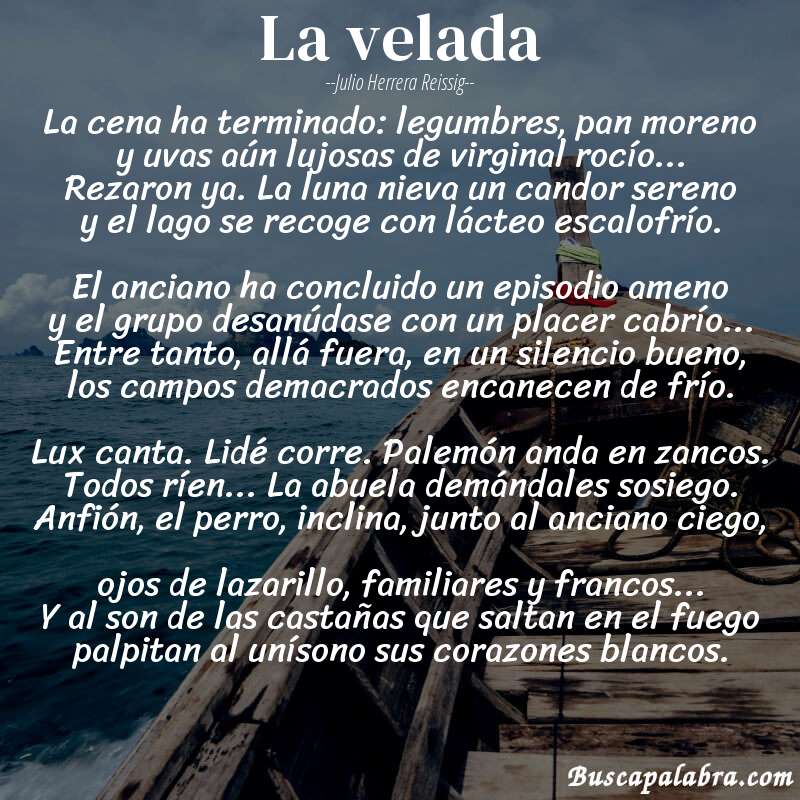 Poema la velada de Julio Herrera Reissig con fondo de barca