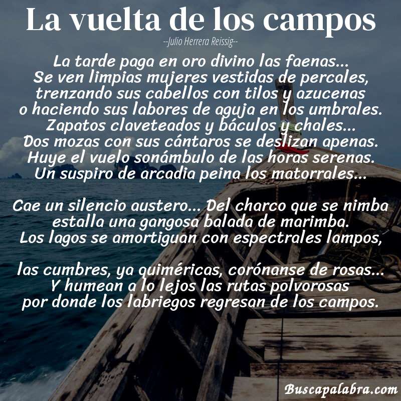 Poema la vuelta de los campos de Julio Herrera Reissig con fondo de barca
