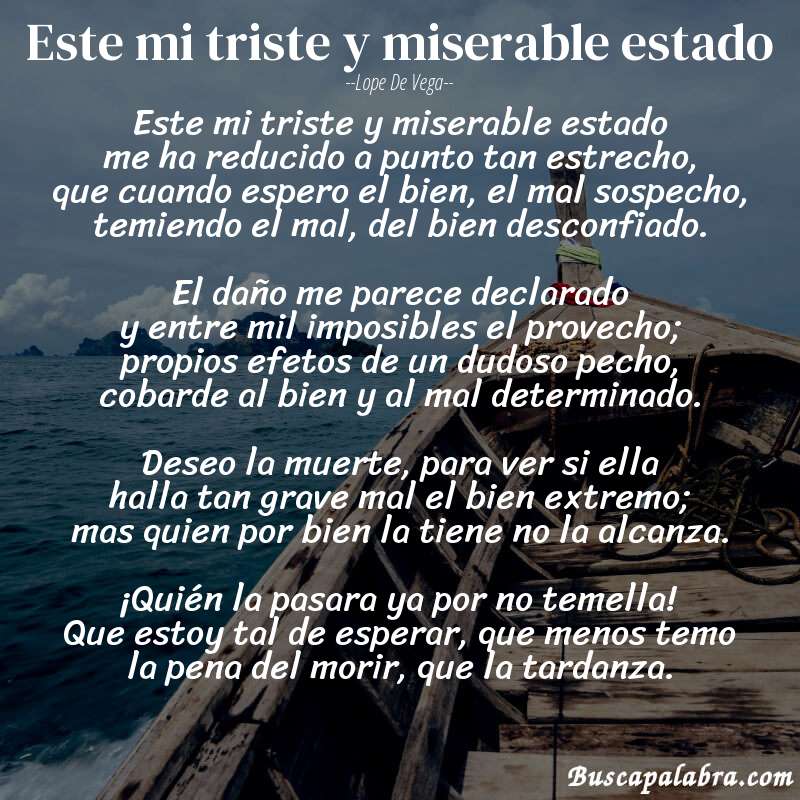Poema Este mi triste y miserable estado de Lope de Vega con fondo de barca