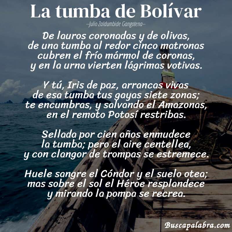 Poema La tumba de Bolívar de Julio Zaldumbide Gangotena con fondo de barca