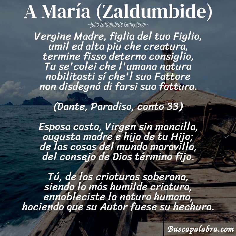 Poema A María (Zaldumbide) de Julio Zaldumbide Gangotena con fondo de barca