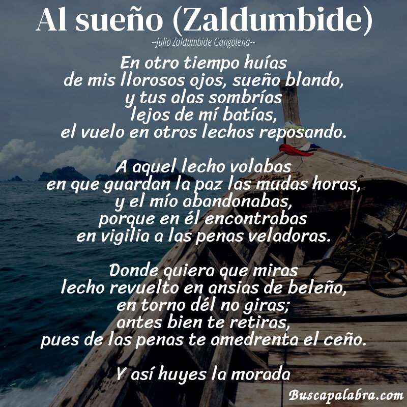 Poema Al sueño (Zaldumbide) de Julio Zaldumbide Gangotena con fondo de barca
