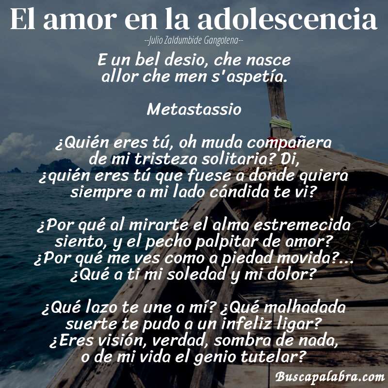 Poema El amor en la adolescencia de Julio Zaldumbide Gangotena con fondo de barca