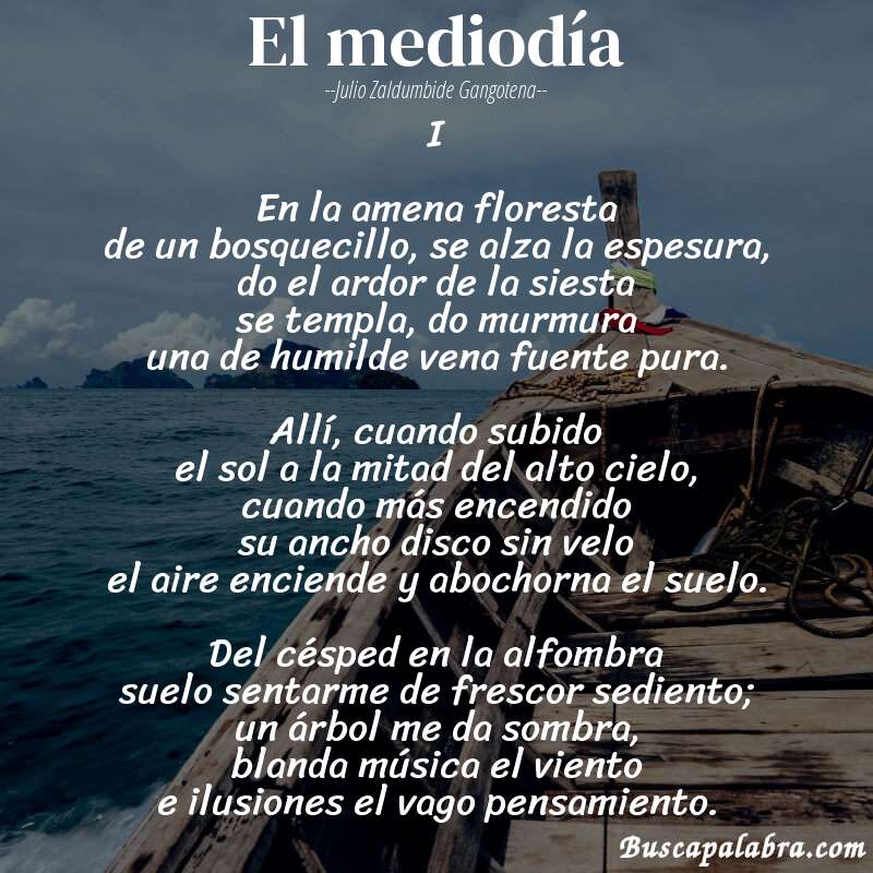 Poema El mediodía de Julio Zaldumbide Gangotena con fondo de barca