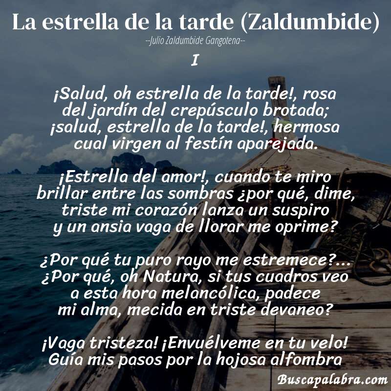 Poema La estrella de la tarde (Zaldumbide) de Julio Zaldumbide Gangotena con fondo de barca