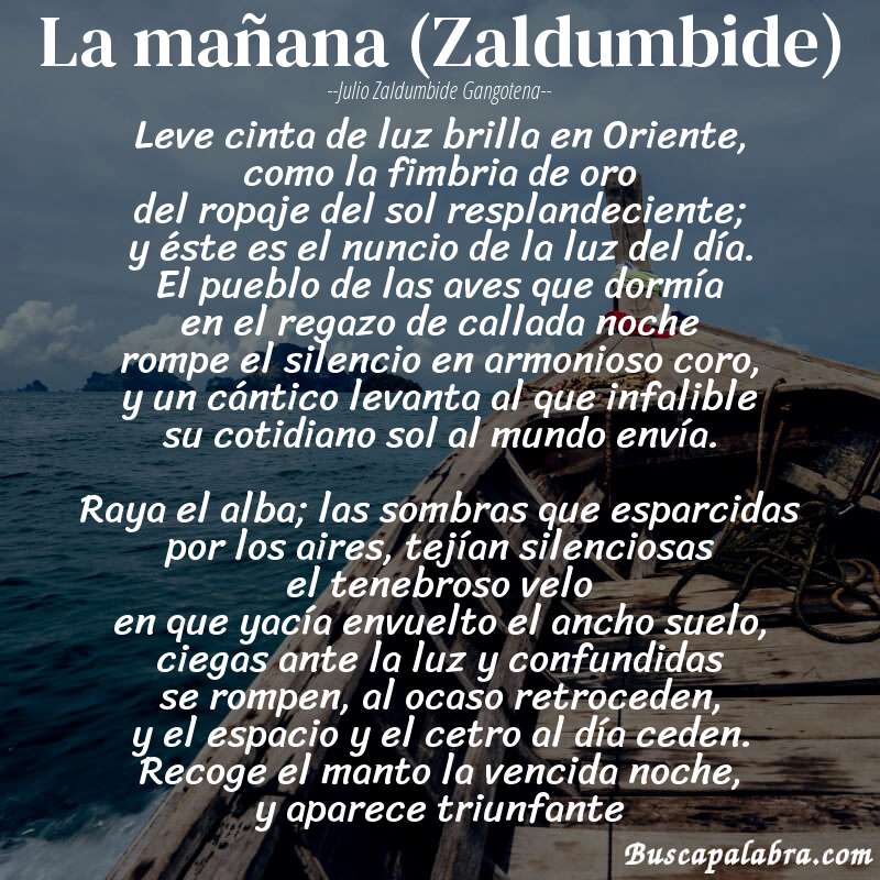 Poema La mañana (Zaldumbide) de Julio Zaldumbide Gangotena con fondo de barca