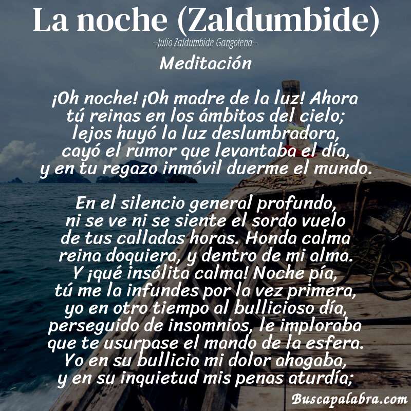 Poema La noche (Zaldumbide) de Julio Zaldumbide Gangotena con fondo de barca