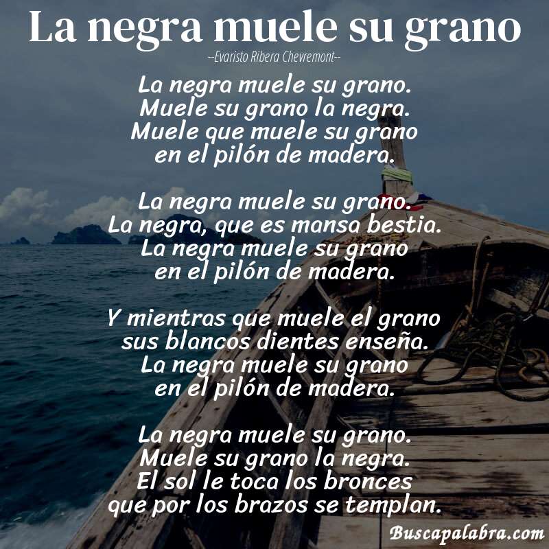 Poema la negra muele su grano de Evaristo Ribera Chevremont con fondo de barca
