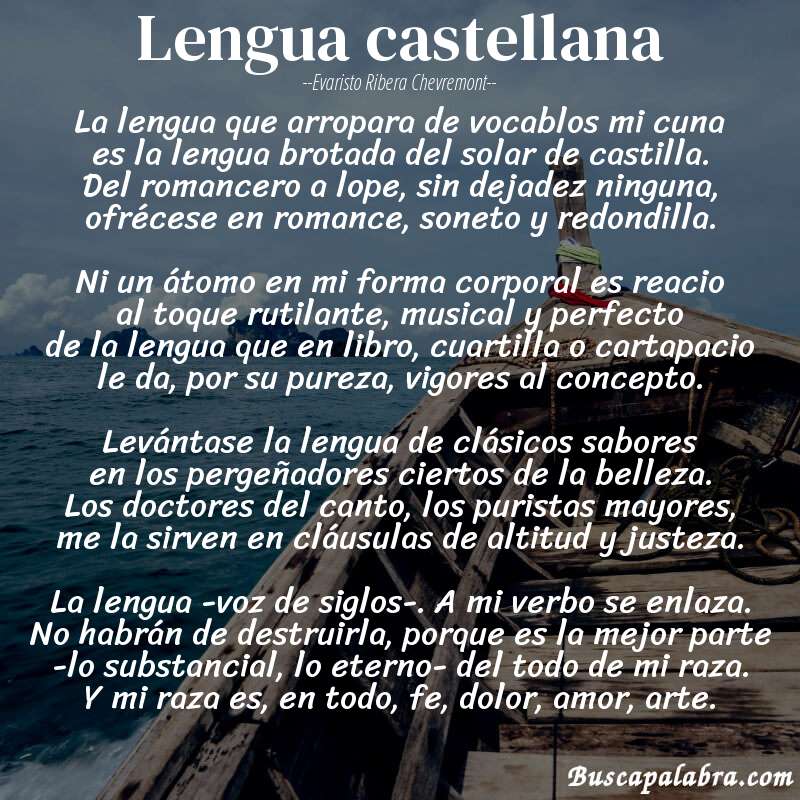 Poema lengua castellana de Evaristo Ribera Chevremont con fondo de barca