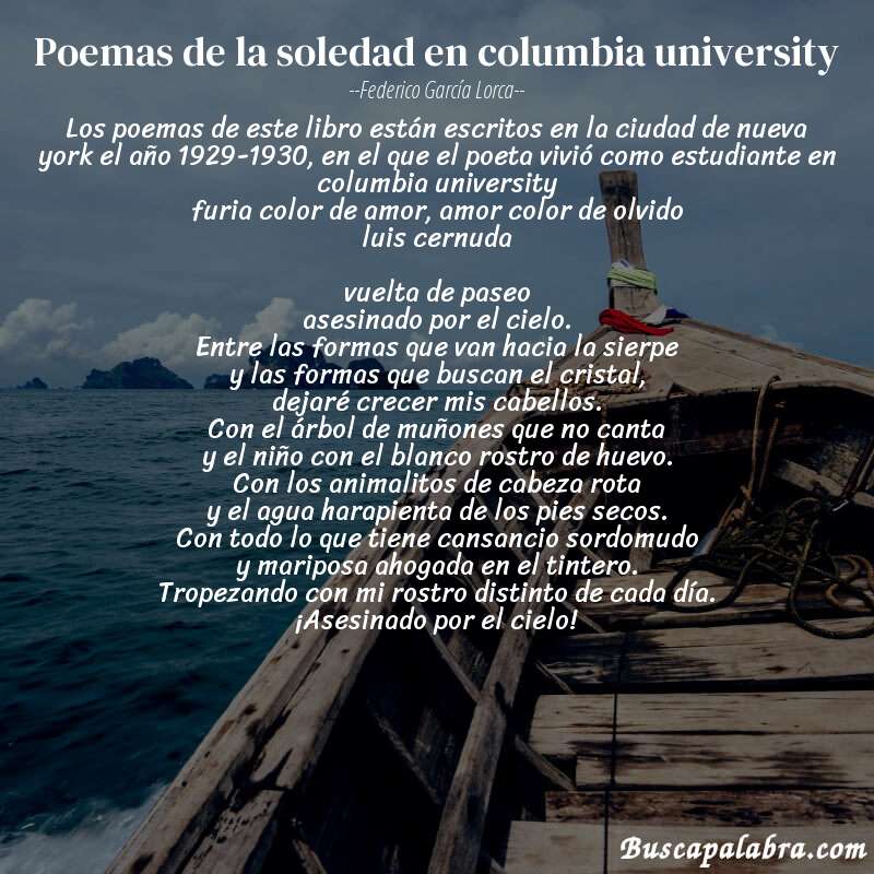 Poema poemas de la soledad en columbia university de Federico García Lorca con fondo de barca