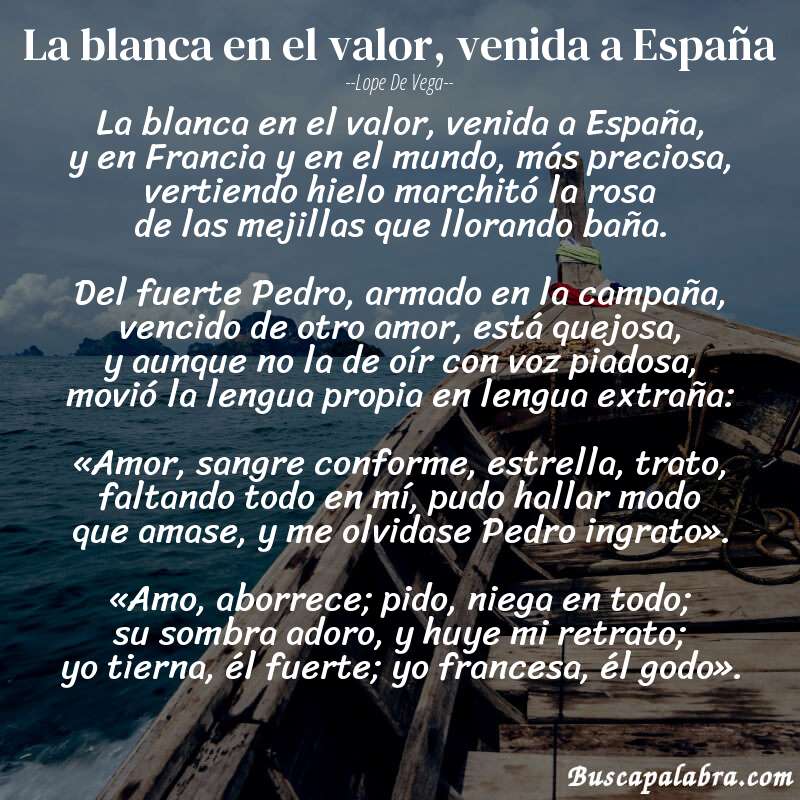 Poema La blanca en el valor, venida a España de Lope de Vega con fondo de barca