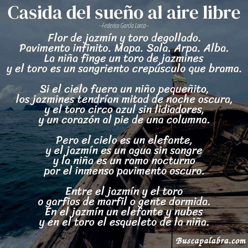 Poema Casida del sueño al aire libre de Federico García Lorca con fondo de barca