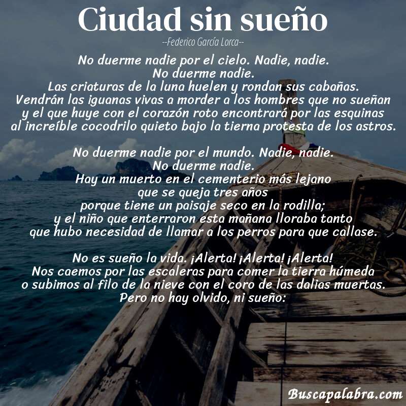 Poema Ciudad sin sueño de Federico García Lorca con fondo de barca