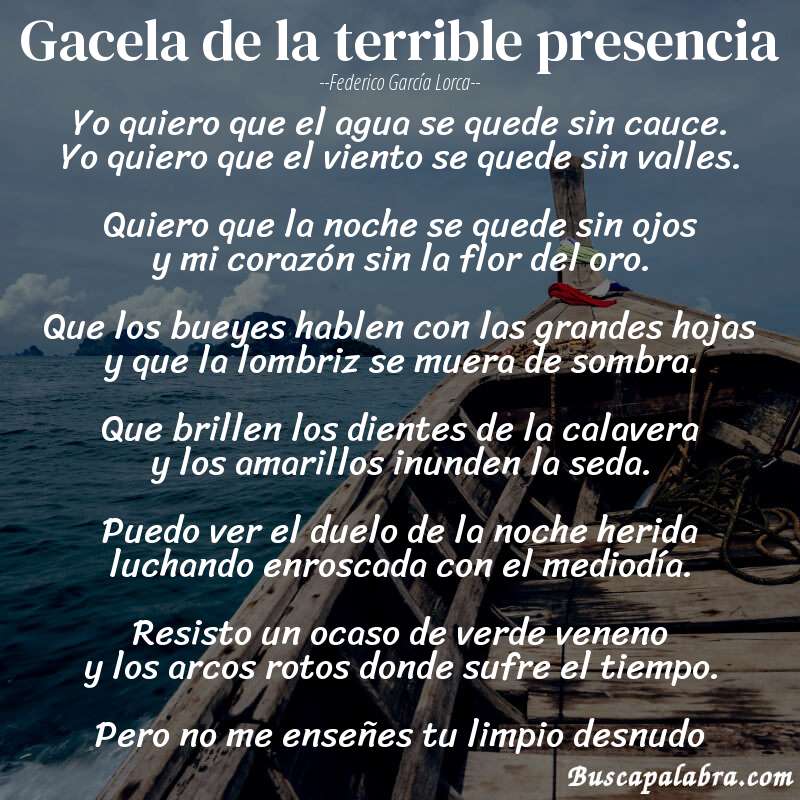 Poema Gacela de la terrible presencia de Federico García Lorca con fondo de barca
