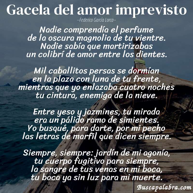 Poema Gacela del amor imprevisto de Federico García Lorca con fondo de barca