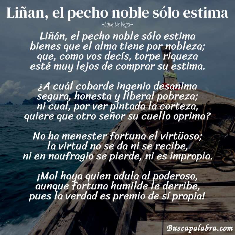 Poema Liñan, el pecho noble sólo estima de Lope de Vega con fondo de barca