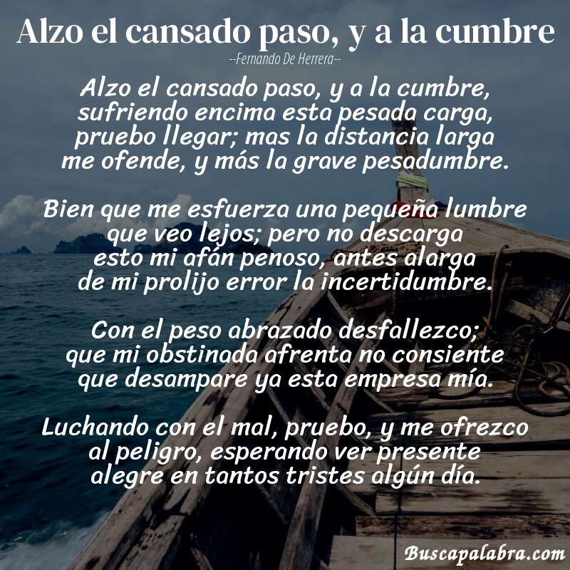 Poema Alzo el cansado paso, y a la cumbre de Fernando de Herrera con fondo de barca