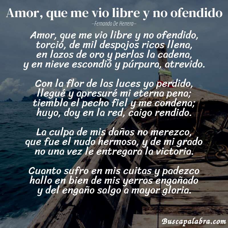 Poema Amor, que me vio libre y no ofendido de Fernando de Herrera con fondo de barca