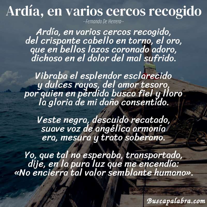 Poema Ardía, en varios cercos recogido de Fernando de Herrera con fondo de barca