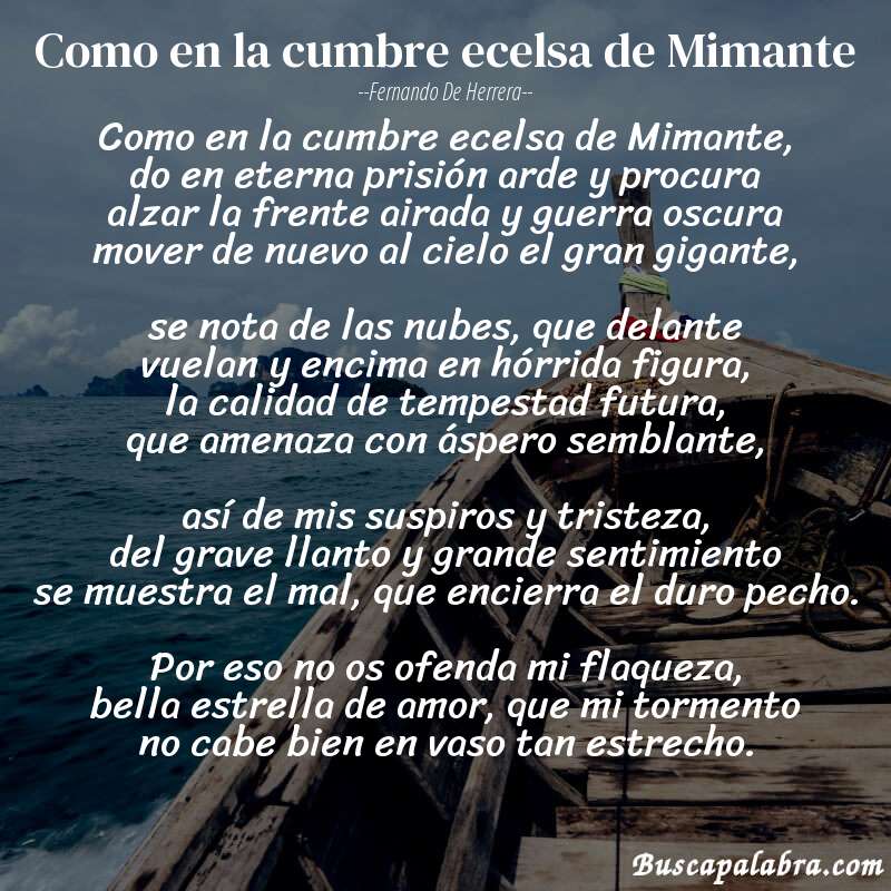 Poema Como en la cumbre ecelsa de Mimante de Fernando de Herrera con fondo de barca