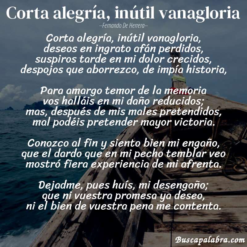 Poema Corta alegría, inútil vanagloria de Fernando de Herrera con fondo de barca