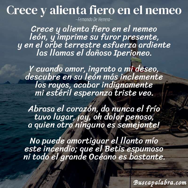 Poema Crece y alienta fiero en el nemeo de Fernando de Herrera con fondo de barca