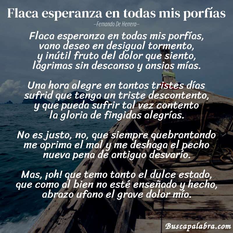Poema Flaca esperanza en todas mis porfías de Fernando de Herrera con fondo de barca