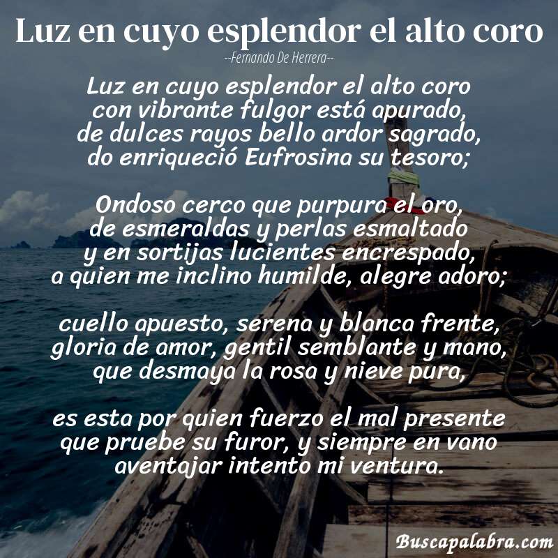 Poema Luz en cuyo esplendor el alto coro de Fernando de Herrera con fondo de barca