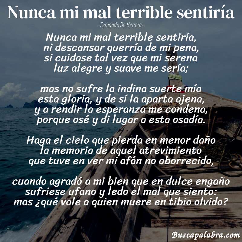 Poema Nunca mi mal terrible sentiría de Fernando de Herrera con fondo de barca
