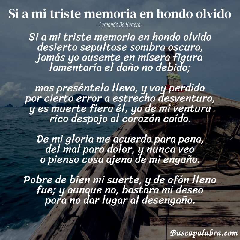 Poema Si a mi triste memoria en hondo olvido de Fernando de Herrera con fondo de barca
