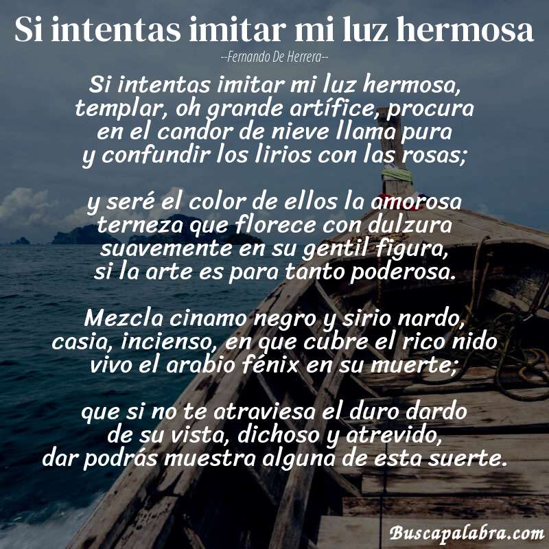 Poema Si intentas imitar mi luz hermosa de Fernando de Herrera con fondo de barca