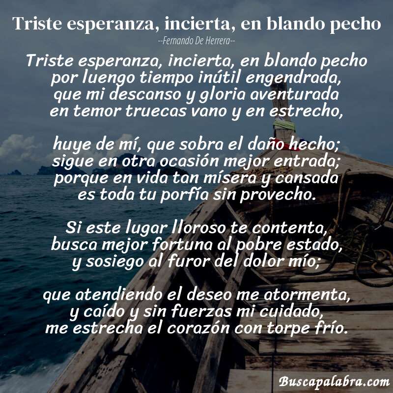 Poema Triste esperanza, incierta, en blando pecho de Fernando de Herrera con fondo de barca
