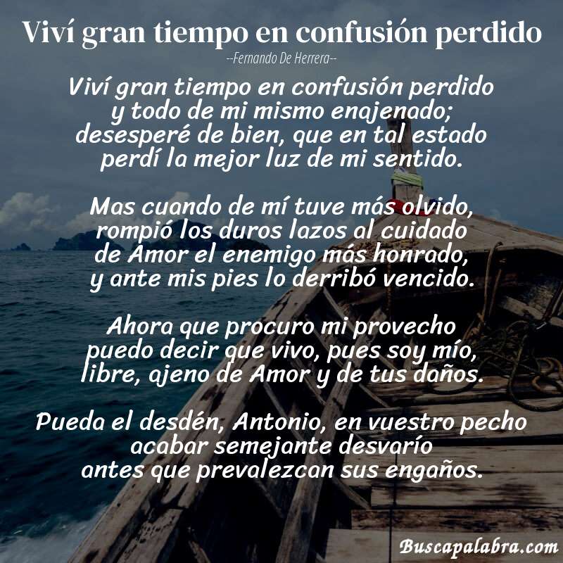 Poema Viví gran tiempo en confusión perdido de Fernando de Herrera con fondo de barca