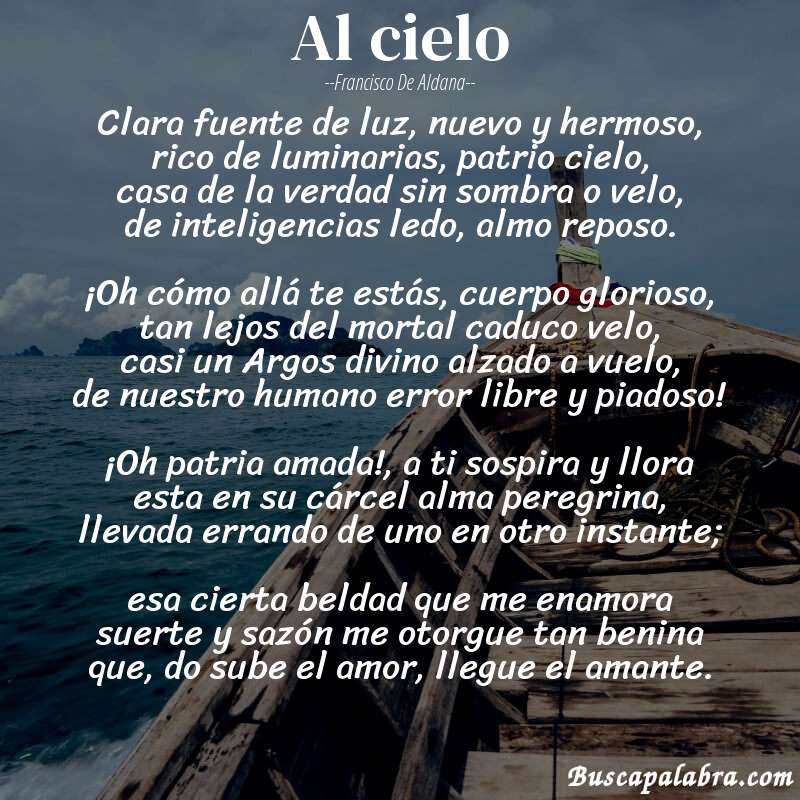 Poema Al cielo de Francisco de Aldana con fondo de barca