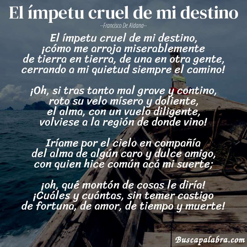 Poema El ímpetu cruel de mi destino de Francisco de Aldana con fondo de barca