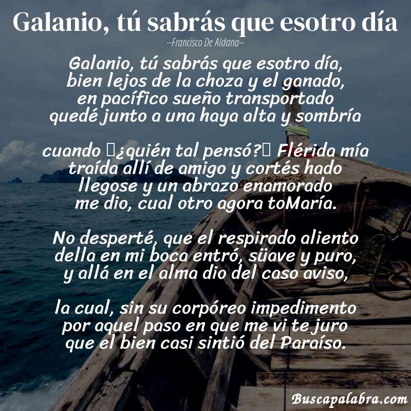 Poema Galanio, tú sabrás que esotro día de Francisco de Aldana con fondo de barca